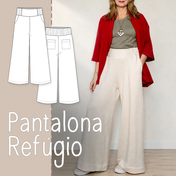 Mulher vestindo pantalona com bolsos em malha costurada por ela