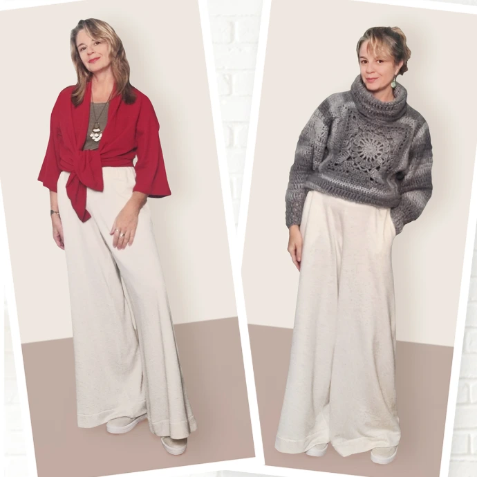 Mulher vestindo pantalona com bolsos em malha costurada por ela. em duas versões de look